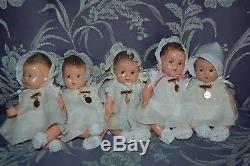 1935 Madame Alexander Dionne Quintuplets dolls original dresses, hats pins booti