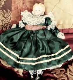 7 1880s Blonde Bisque Head, Arms, Legs Doll in a Vintage Madame Alexander Green