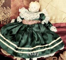 7 1880s Blonde Bisque Head, Arms, Legs Doll in a Vintage Madame Alexander Green