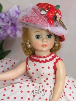 VINTAGE 1950s MADAME ALEXANDER CISSETTE DOLL tagged RED polka dot DRESS hat