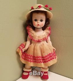 Vintage 1950s Madame Alexander- kins Doll with Red Velvet Side Snap Shoes & Hat