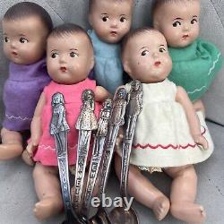 Vintage Madame Alexander Dionne Quintuplets Dolls Set 1930s With SP Carlton Spoons